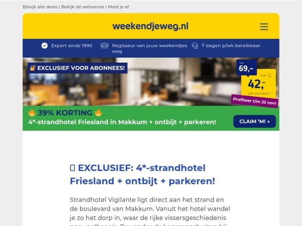 🤫 SECRET DEAL: 39% KORTING! ⚡ 4*-strandhotel Friesland + ontbijt + GRATIS parkeren v.a. 42,- p.p.! 😱