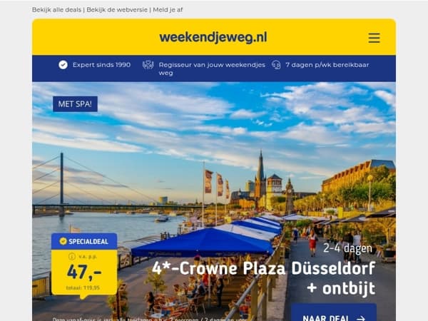 😱 PRIJSVERLAGING: 4*-hotel Düsseldorf + LUXE ontbijt + welkomstdrankje v.a. 47,- p.p. | 🥳 OPENINGSACTIE: 3 dgn 4*-hotel nabij Amsterdam + ontbijt + GRATIS upgrade v.a. 139,- p.p.!