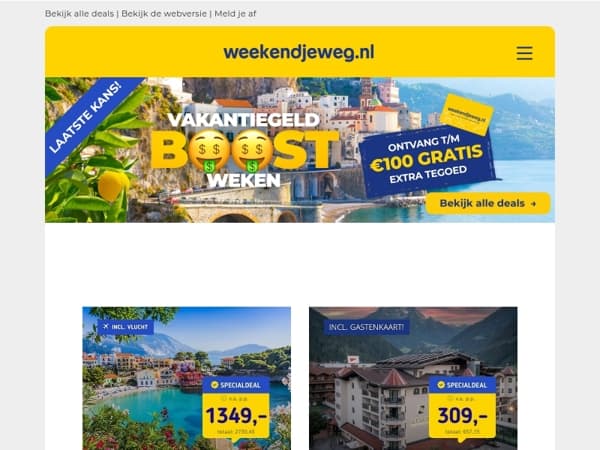 NU of NOOIT! 😱 Boek je vakantie en ontvang t/m €100 GRATIS Weekendjeweg.nl tegoed! 💸