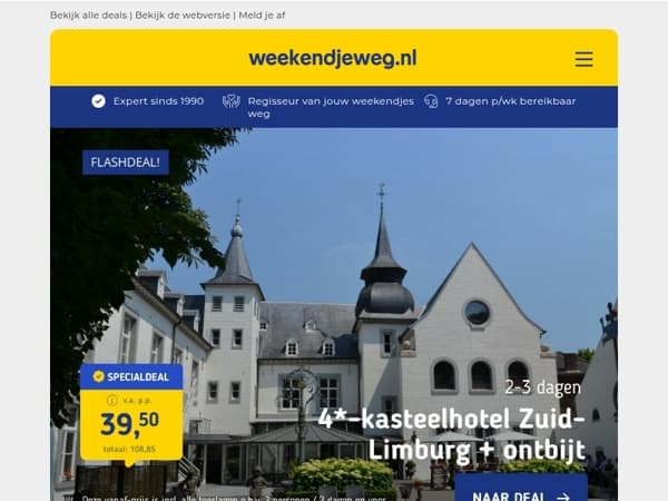 FLASHDEAL! ⚡ 4*-Kasteelhotel Zuid-Limburg + ontbijt 🥐 39,50 | UNIEK! 🌟 Bubbels & Bites in the sky v.a. 92 p.p.!