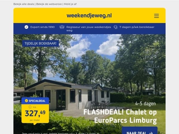 FLASHDEAL! ⚡ EuroParcs Limburg v.a. 327,49 per acco | 4*-hotel Denekamp Twente + ontbijt v.a. 59 p.p.!