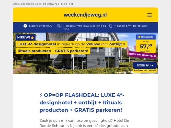 ⚡ NIEUWE FLASHDEAL! ⚡ LUXE 4*-designhotel Veluwe + ontbijt + Rituals producten + GRATIS parkeren v.a. SLECHTS 57,50 p.p.! 😱🤯