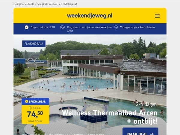 FLASHDEAL! ⚡ Onbeperkt wellness Thermaalbad Arcen + ontbijt v.a. 74,50 | Stedentrip Riga + ontbijt v.a. 259 p.p.!