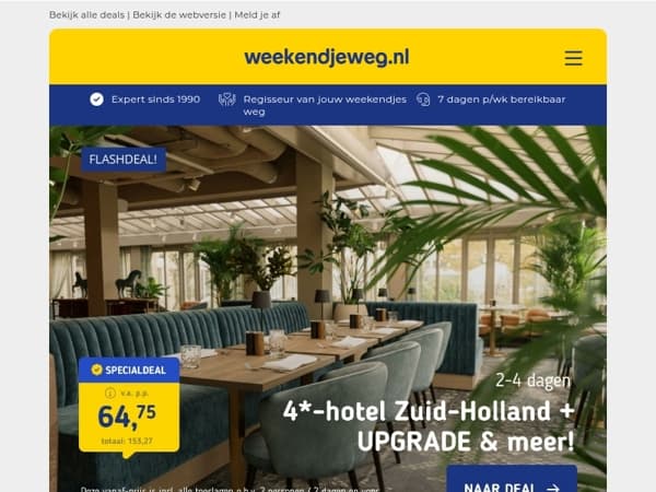 4*-hotel Zuid-Holland + UPGRADE v.a. 64,75 | Giethoorn + ontbijt & rondvaart v.a. 69 p.p.!