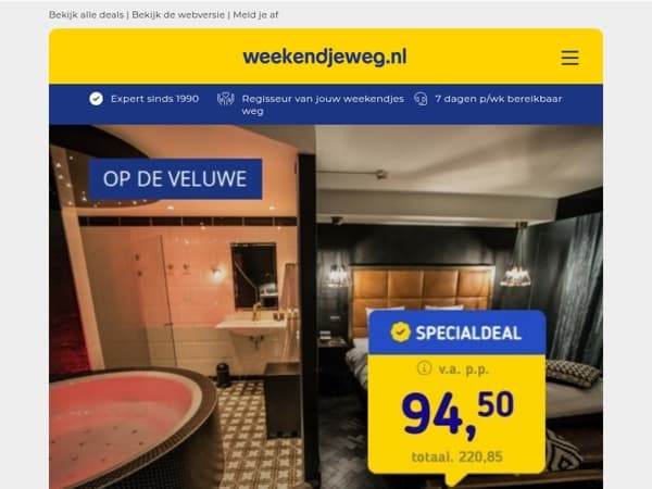 Ultraluxe XXL bubbelbad Suite Veluwe v.a. 94,50 p.p. | TOP hotel aan de Maas + ontbijt v.a. 41,25 p.p.!