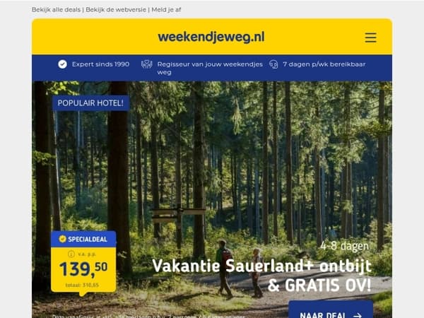 🌳 4 dgn vakantie in Sauerland + ontbijt & GRATIS OV v.a. 139,50 | 🌊 4*-hotel nabij Callantsoog + ontbijt v.a. 44,50 p.p.!