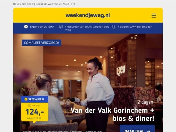 🤩 Van der Valk Gorinchem + bios & diner v.a. 124 | Brabant + ontbijt & drankje v.a. 42,50 p.p.!