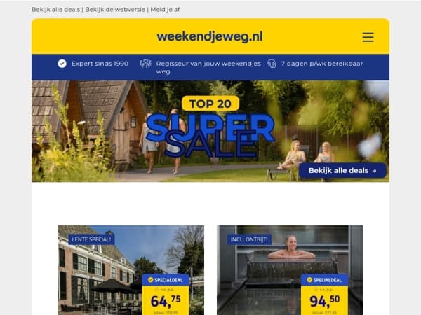 💥 Top 20 super SALE – Zutphen + ontbijt 64,75 p.p. | Wellness Limburg 94,50 p.p. | Deventer 55,- p.p. + MEER! 🤑
