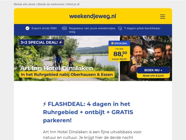 ⚡ 3=2 FLASHDEAL: 4 dgn in het Ruhrgebied nabij Oberhausen & Essen + ontbijt + GRATIS parkeren SLECHTS 88,50 p.p.! 💥🤯