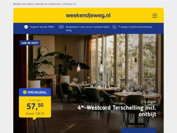 🔥 Nergens goedkoper: 4*-hotel op Terschelling + ontbijt v.a. 57,50 | WILDLANDS Zoo + 4*-hotel v.a. 67,50 p.p.!