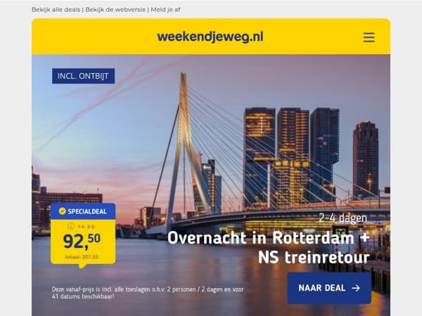 Toe aan een weekendje weg? Ontdek deze deals! 👉 NS combi deal Rotterdam 92,50 | 4*-hotel de Veluwe 39 & meer!