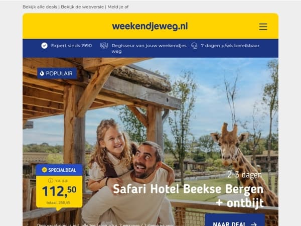 ⚡ TIJDELIJKE TOPPERS! 🙌 Safari Hotel Beekse Bergen + attractiepas & ontbijt v.a. €112,50 p.p. | Volendam + DELUXE kamer incl. ontbijt & gratis parkeren v.a. €54,50 p.p. & MEER!