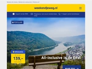 3 dgn Duitse Eifel + all-inclusive v.a. 139,- p.p. | Groningen + ontbijt v.a. 52,- p.p. | 4*-hotel aan de Vecht + ontbijt & wellness & GRATIS parkeren v.a. 44,50 p.p.