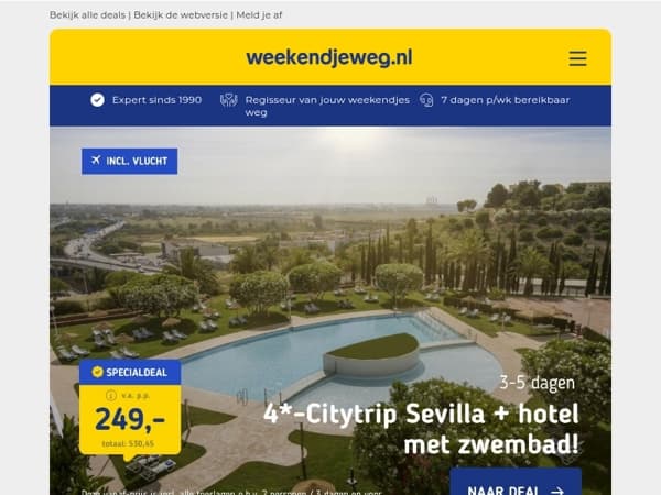 🌞 4*-Citytrip Sevilla + hotel met zwembad v.a. 249 | 🏖️ Beach hotel Zuid-Holland + ontbijt v.a. 54,50 p.p.!