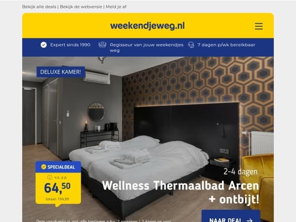 NIEUW! 📣 DELUXE kamer + wellness Thermaalbad Arcen + ontbijt v.a. 64,50 | 4*-hotel Utrecht + ontbijt & wellness v.a. 64,50 p.p.! 🤩