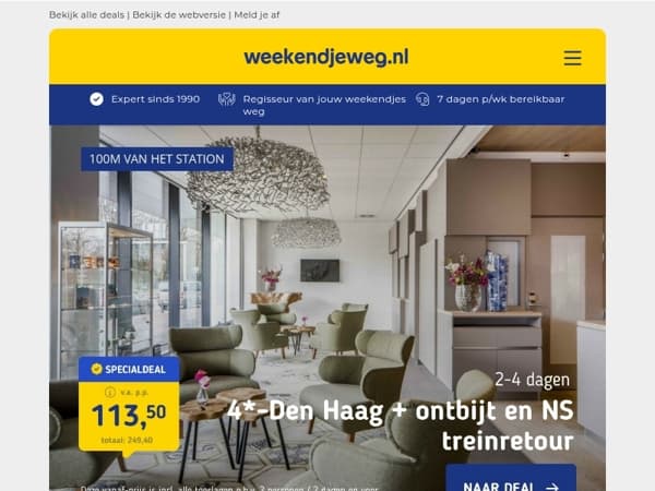 Weekendje weg? 😍 3x 4*-hotel + NS treinretour🚆 al vanaf €93,50 p.p.! 💥