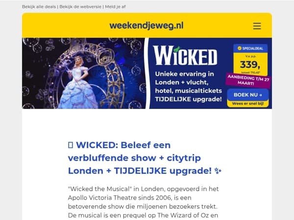 💚 WICKED the musical: Beleef een verbluffende show + citytrip Londen + TIJDELIJKE upgrade v.a. 339,- p.p.! ✨