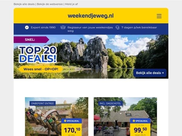SNEL! 😱 Deze 20 top deals gaan HARD! 🚀 Profiteer NU & boek jouw favoriete weekendje weg! 😍