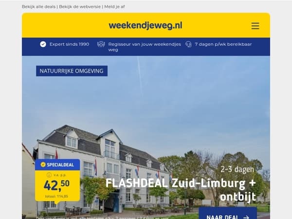 🔥 FLASHDEAL: Zuid-Limburg + ontbijt v.a. 35 | 3 dgn fietsvakantie Twente + ontbijt & diners v.a. 159,50 p.p.!