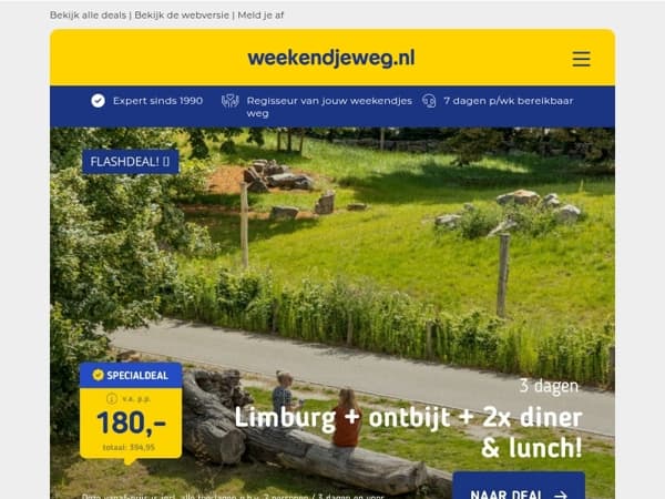 ⚡ FLASHDEAL: Limburg + ontbijt + diners + lunch v.a. 180,- p.p. | 🌷 LENTE-DEAL: 3 dgn Veluwemeer + ontbijt & aspergediner v.a. 129,- p.p.!