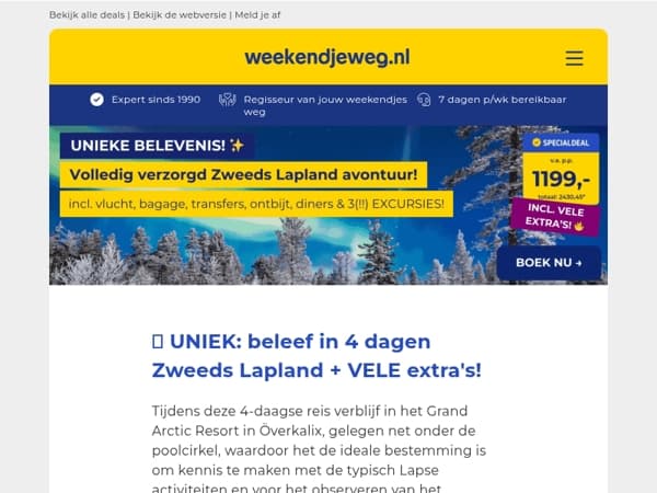 ❄️ UNIEK: 4-daags Zweeds Lapland avontuur incl. vlucht, bagage, transfers, ontbijt, diners & 3(!!) EXCURSIES v.a. €1199,- p.p.! 😍💭