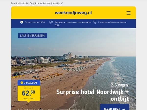 Surprise 4*-hotel Noordwijk + ontbijt 62,50 | Trendy 4*-hotel Maastricht + treinretour v.a. 126,50 p.p.!