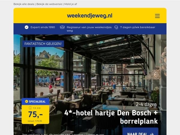 4*-hotel hartje Den Bosch + borrelplank v.a. 75 | 3 dgn aan de Rijn in Boppard v.a. 109 p.p.!