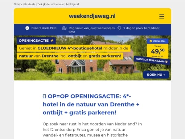 🔥 Alleen nu OP=OP deal! 🔥 GLOEDNIEUW 4*-boutiquehotel in Drenthe + ontbijt + GRATIS parkeren v.a. 49,50 p.p.!