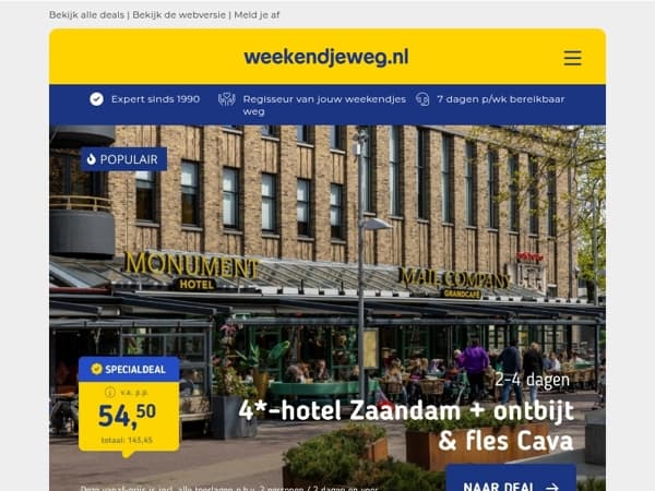 Luxe 4*-hotel Zaandam + ontbijt & fles Cava 54,50 | 3 dgn Leiden bij Noord- en Katwijk + diner v.a. 149 p.p.!