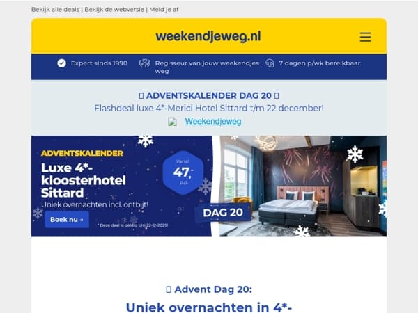 ✨ Advent Dag 20: Luxe 4*-kloosterhotel in hartje Sittard vanaf SLECHTS 47,- p.p.! 🔥