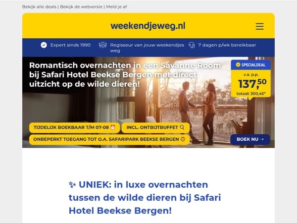 ✨ UNIEK: in luxe overnachten tussen de wilde dieren bij Safari Hotel Beekse Bergen v.a. €137,50 p.p.! 🦒🦓