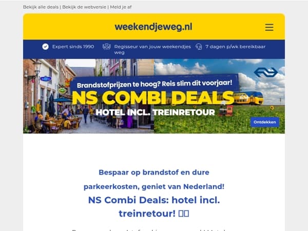 Brandstofprijzen te hoog? 👀 Reis slim dit voorjaar met de NS Combi Deals vanaf 90,- p.p.! 🚆💚