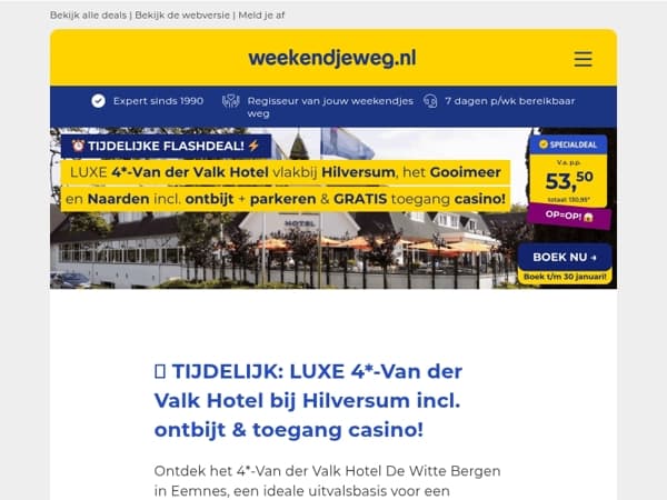 ⚡ TIJDELIJKE FLASHDEAL: LUXE 4*-Van der Valk Hotel bij Hilversum incl. ontbijt & toegang casino v.a. 53,50 p.p.! 😱🔥