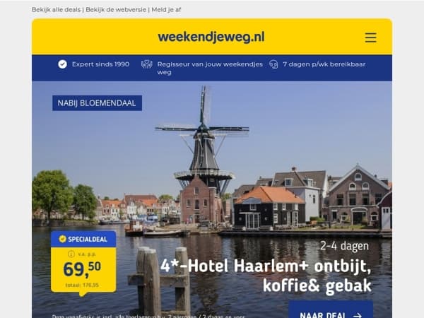 4*-hotel Haarlem + ontbijt, koffie & gebak v.a. 69,50 | EuroParcs Veluwemeer v.a. 314,49 per acco!