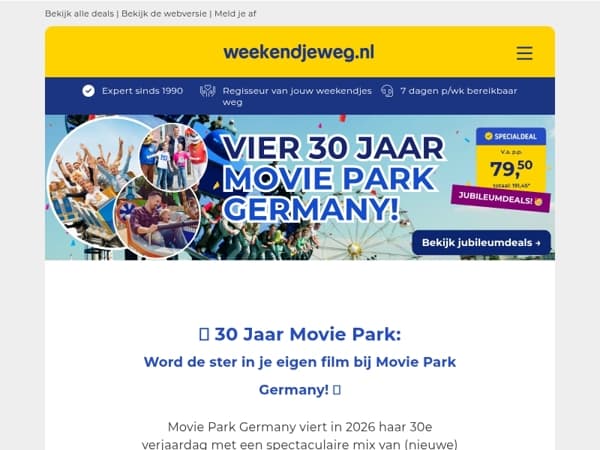 🎉 Jubileumdeal: Vier 30 jaar Movie Park Germany incl. 2 dgn entree + overnachting & ontbijt v.a. 79,50 p.p.! 🎬🎢