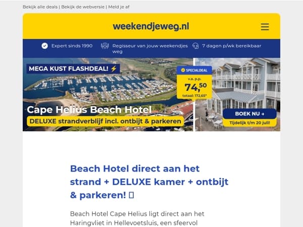 ☀️ HITTEGOLF DEAL: Beach Hotel direct aan het strand + DELUXE kamer + ontbijt & parkeren vanaf 74,50 p.p.! 😱🔥
