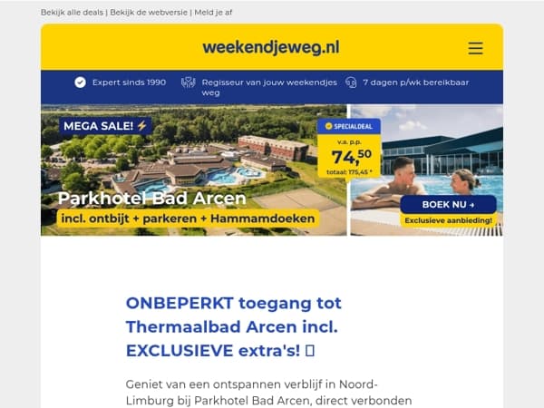 MEGA SALE! ⚡ ONBEPERKT toegang tot Thermaalbad Arcen incl. EXCLUSIEVE extra's vanaf 74,50 p.p.! 😱🤯