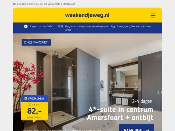 ⭐ Luxe SUITE deal Amersfoort + XXL bubbelbad 82 | Citydeal Antwerpen + ontbijt v.a. 40 p.p.!