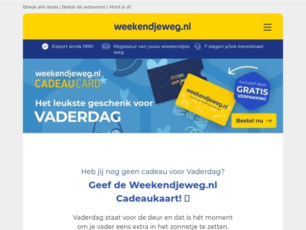 💙 Vaderdag komt eraan: geef een Weekendjeweg.nl Cadeaukaart met GRATIS verpakking! 🎁