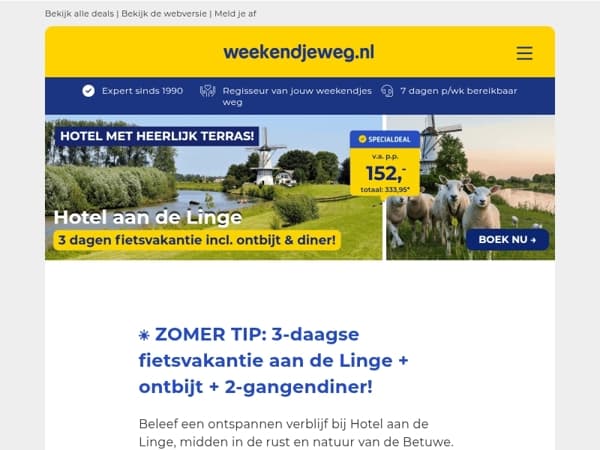 ☀️ ZOMER TIP: 3-daagse fietsvakantie aan de Linge + ontbijt + 2-gangendiner & heerlijk terras v.a. €152,-! 🚲✨
