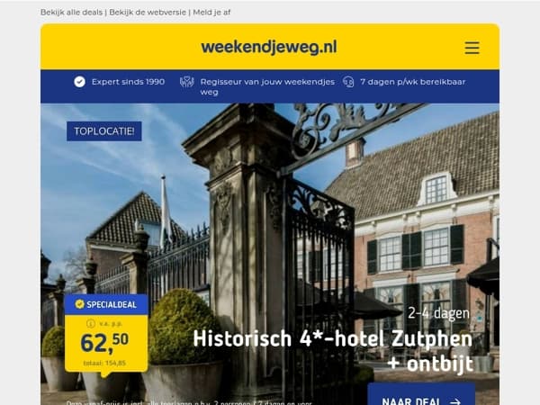 Historisch 4*-hotel Zutphen + ontbijt v.a. 62,50 | Boutique hotel Groningen + XXL Bubbelbad v.a. 67 p.p.!