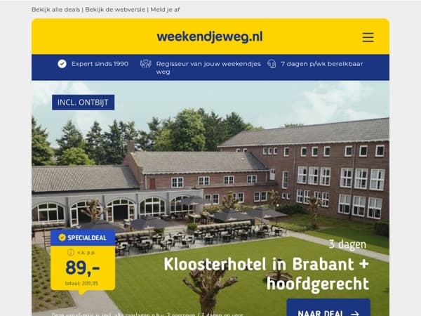 🏰 3 dgn kloosterhotel Brabant + ontbijt & diner v.a. 89 | Nazomerdeal! 🌞 Zeeuws-Vlaanderen + ontbijt v.a. 44,75 p.p.!