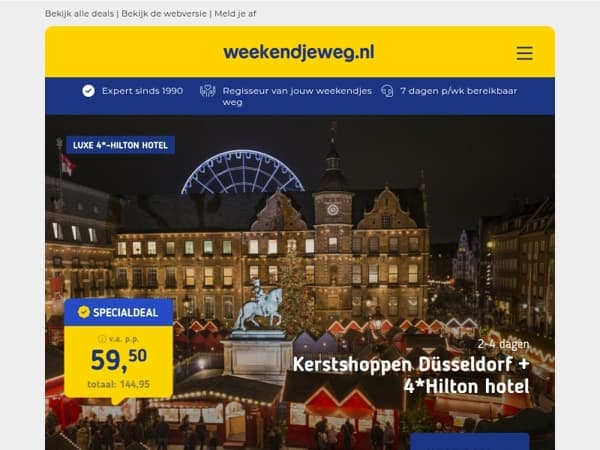 Kerstshoppen Düsseldorf + Hilton hotel v.a. 59,50 | 4 dagen aan de kust in Normandië + ontbijt v.a. 114,75 p.p.!