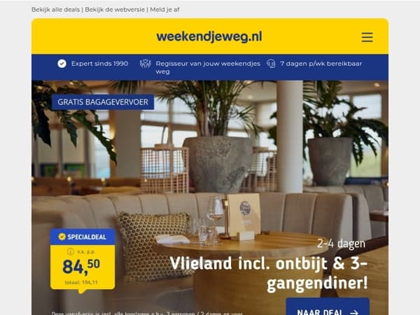 🍴 Mega Diner Deals: overnachting + ontbijt + 3-gangendiner + extra's v.a. 84,50 p.p.!