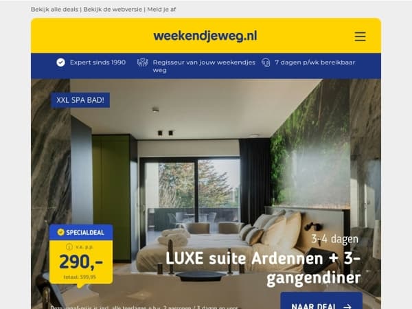 Nieuw! 📣 3 dgn Luxe Suite Ardennen + diner & XL Spa Bad v.a. 290 | 4*-hotel Amsterdam + ontbijt & nabij Bloemendaal 🏖️ v.a. 57 p.p.!