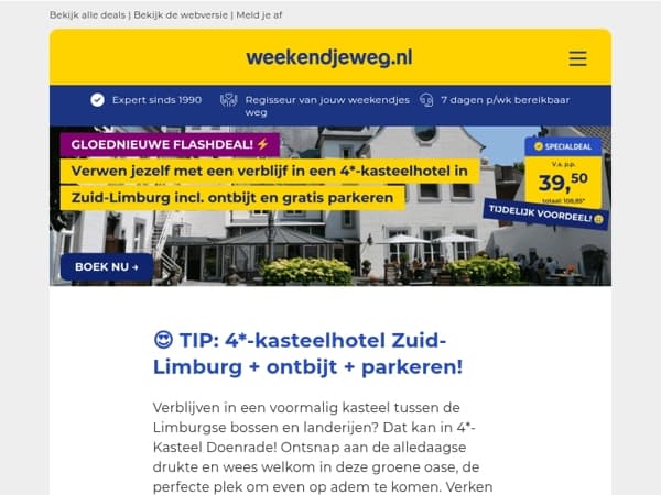 NIEUWE FLASHDEAL! ⚡ 4*-kasteelhotel Zuid-Limburg incl. ontbijt + GRATIS parkeren v.a. SLECHTS 39,50 p.p.!