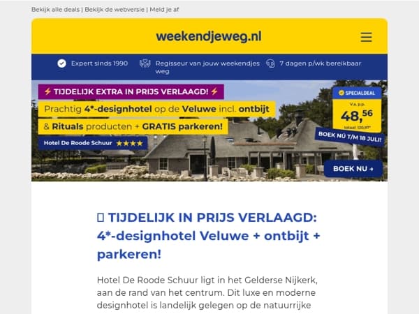 💥 Boek NU: 4*-designhotel op de Veluwe + ontbijt + Rituals producten + parkeren v.a. 48,56 p.p.! 😱🤯