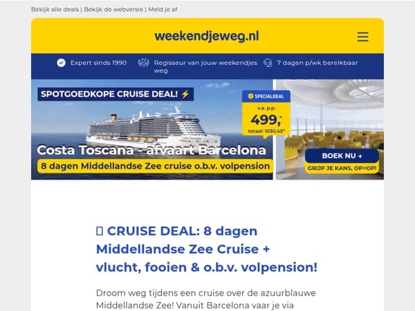 🚢 CRUISE DEAL: 8 dagen Middellandse Zee Cruise + vlucht, fooien & o.b.v. volpension v.a. SLECHTS 499,- p.p.!