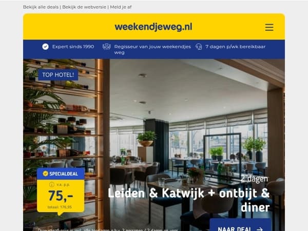 🍴 75 euro diner deal Leiden & Katwijk | Luxe SUITE deal Limburg + bubbels & MEER 57 p.p.! 😱