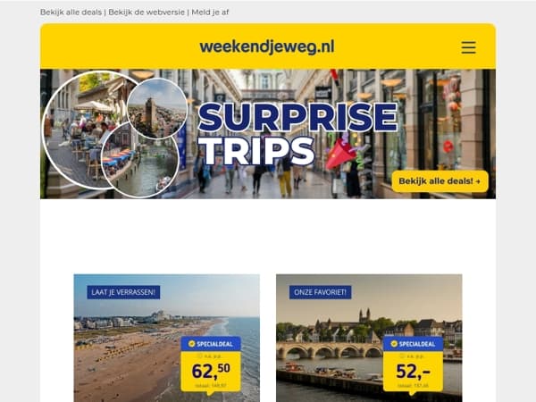 🎉 Surprise Trips incl. ontbijt: Noordwijk v.a. 62,50 | Maastricht v.a. 52,- | Den Haag v.a. 63,- & MEER!